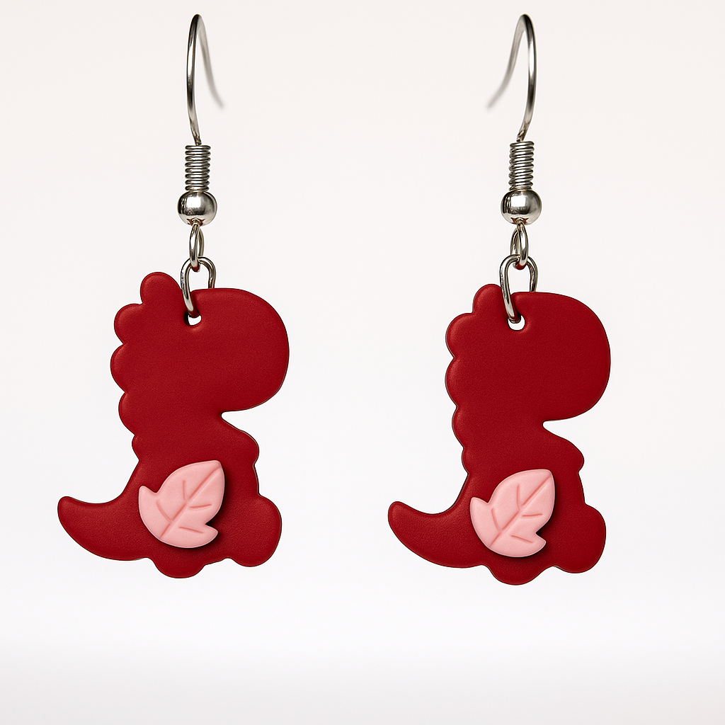 Red Dino Dangles with Pink Leaf Dangle Earrings